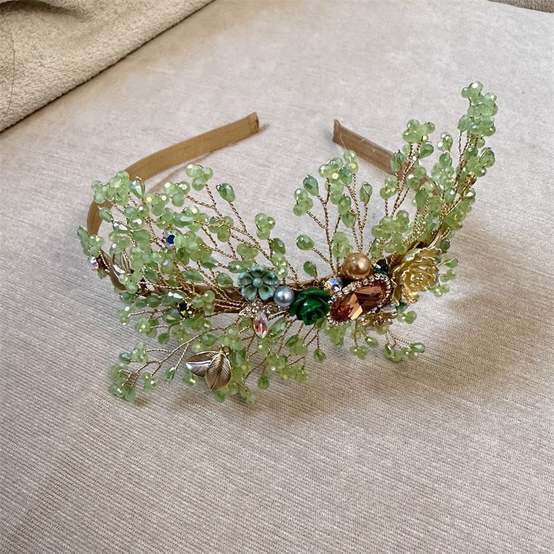 Fashion Green Geometric Crystal Braided Flowers Thin Edge Headband