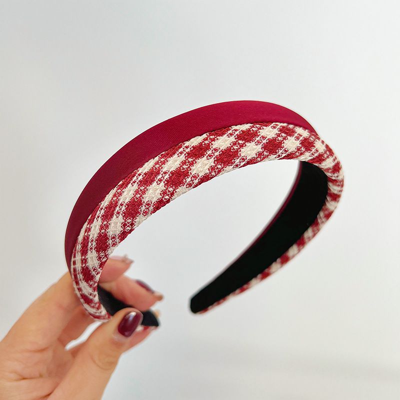 Fashion Red Color-blocked Plaid Sponge Headband Fabric Plaid Light Board Wide-brimmed Headband