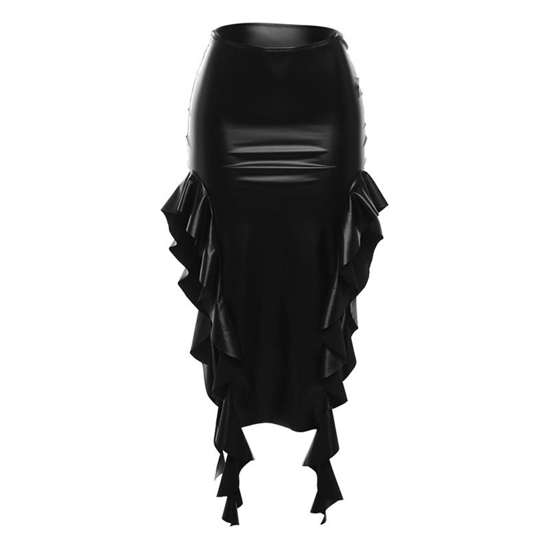 Fashion Black Pu Slit Ruffle Skirt