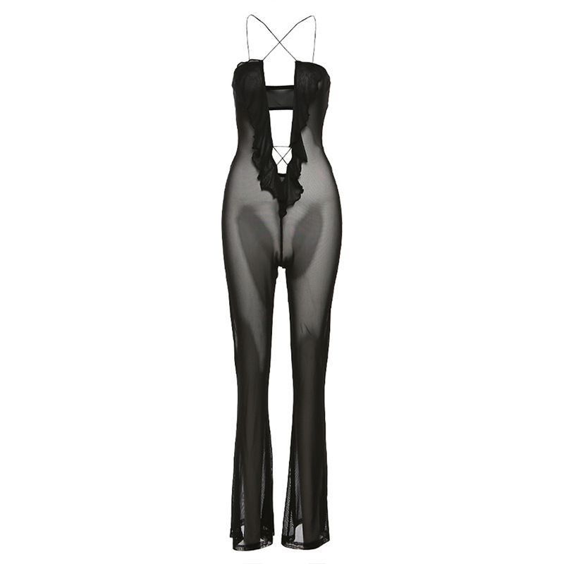 Fashion Black Polyester See-through Mesh Jumpsuit