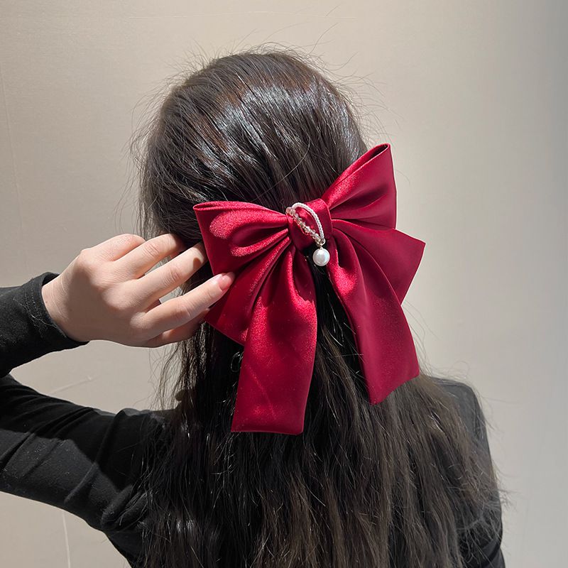 Fashion Red Satin Bow Rhinestone Hairpin Satin Bow Hair Clip