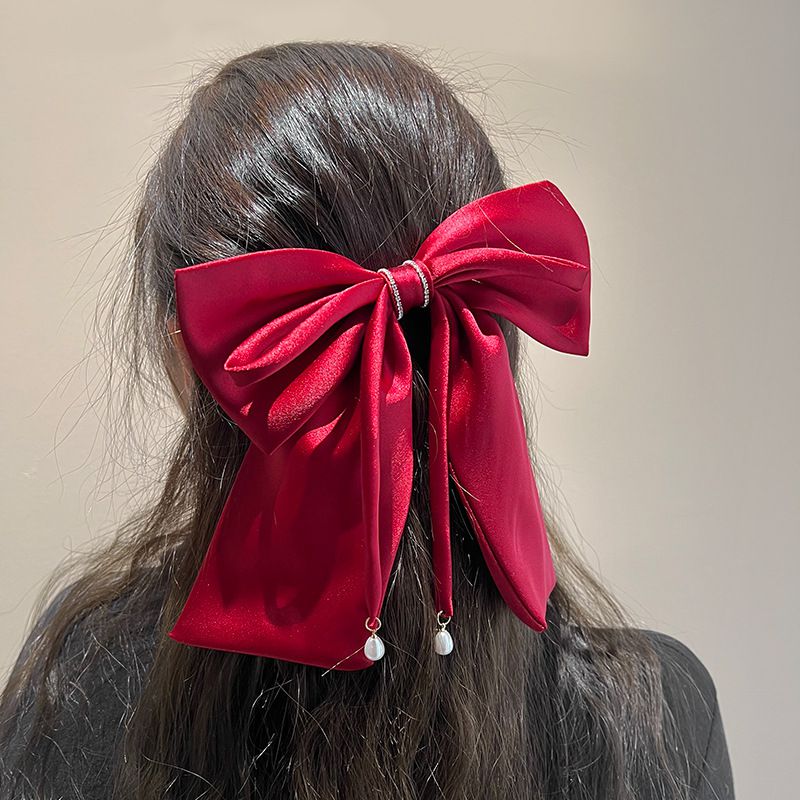 Fashion Red Satin Bow Ribbon Pearl Hairpin Satin Bow Hair Clip