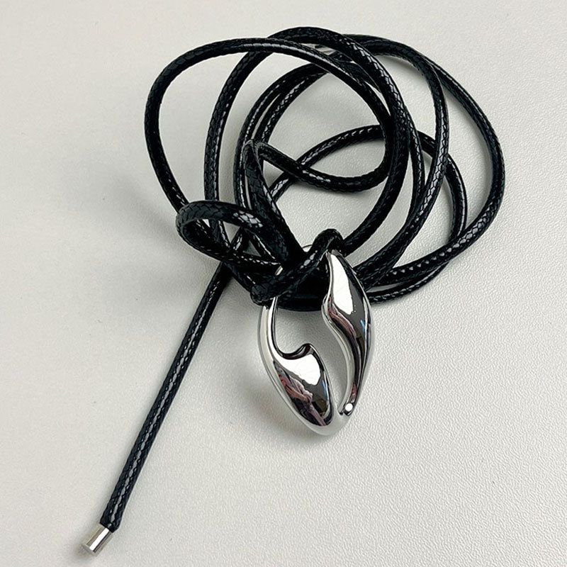 Fashion Silver Metal Geometric Hollow Leather Cord Necklace