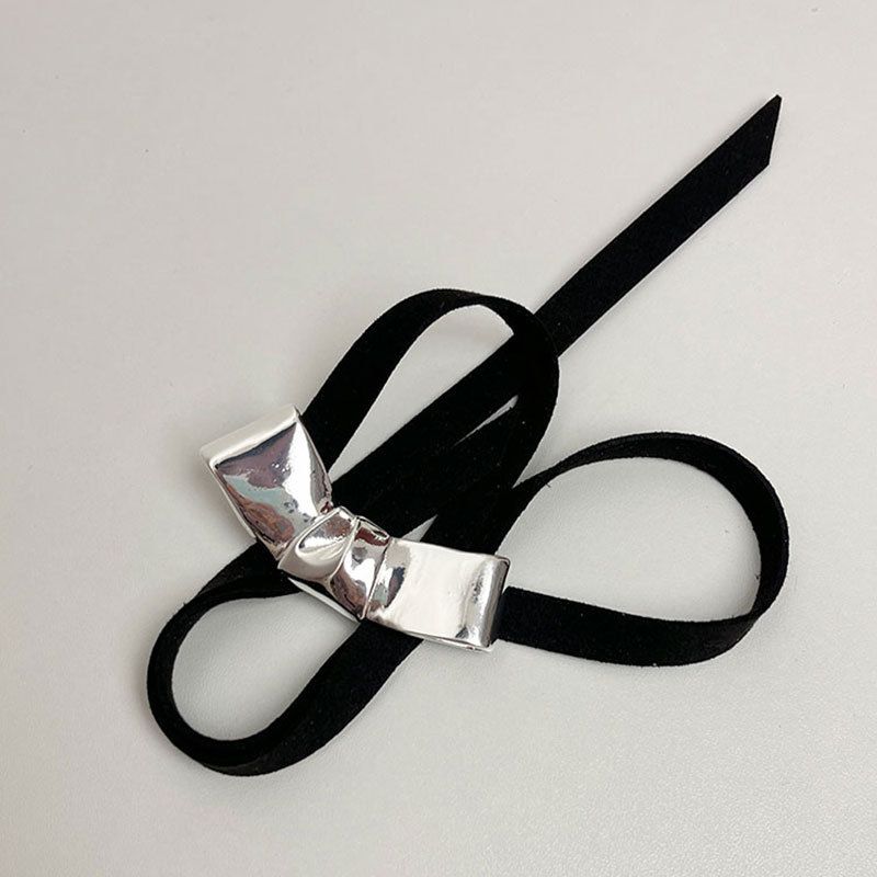 Fashion Large Silver Velvet Ribbon Bow Necklace