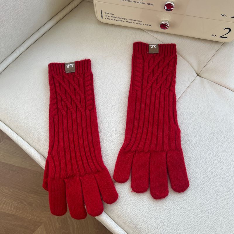 Fashion 3d Vertical Mesh Ropes Spelled In Red Polyester Knitted Five-finger Gloves