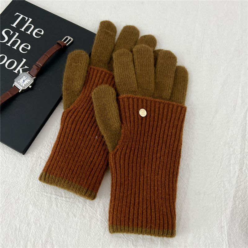 Fashion 1k Double Layer Double Color Caramel Polyester Colorblock Knitted Five-finger Gloves