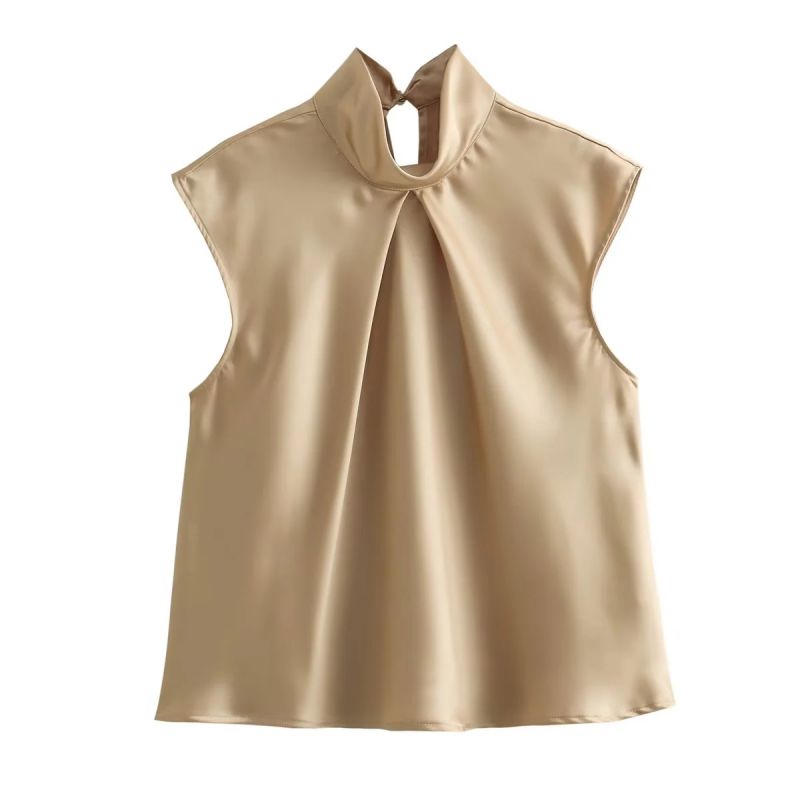 Fashion Gold Silk-satin Pleated Top