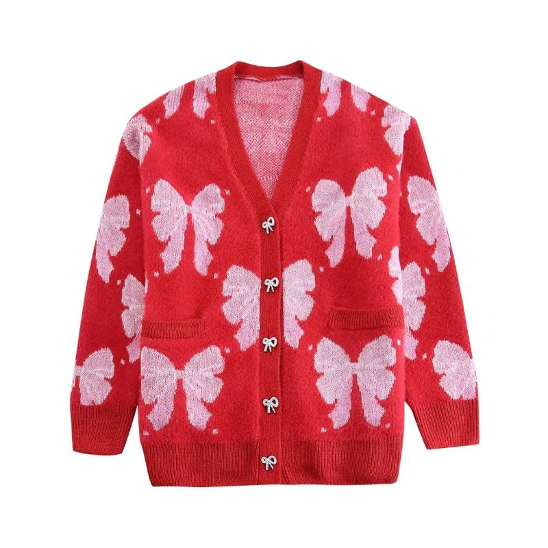 Fashion Red Knitted Jacquard Breasted Cardigan