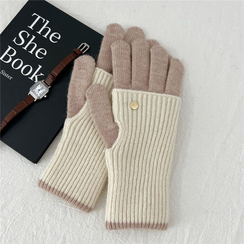 Fashion 4k Double Layer Double Color White Powder Polyester Colorblock Knitted Five-finger Gloves