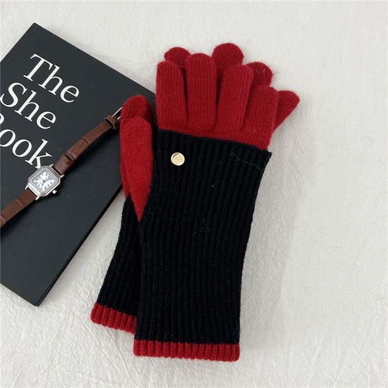 Fashion 7k Double Layer Double Color Black And Red Polyester Colorblock Knitted Five-finger Gloves