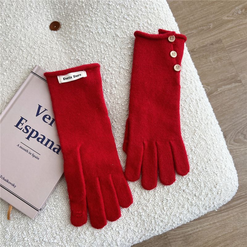 Fashion 2d Three Small Buttons Slit Gloves Red Polyester Knitted Patch Buttoned Five-finger Gloves