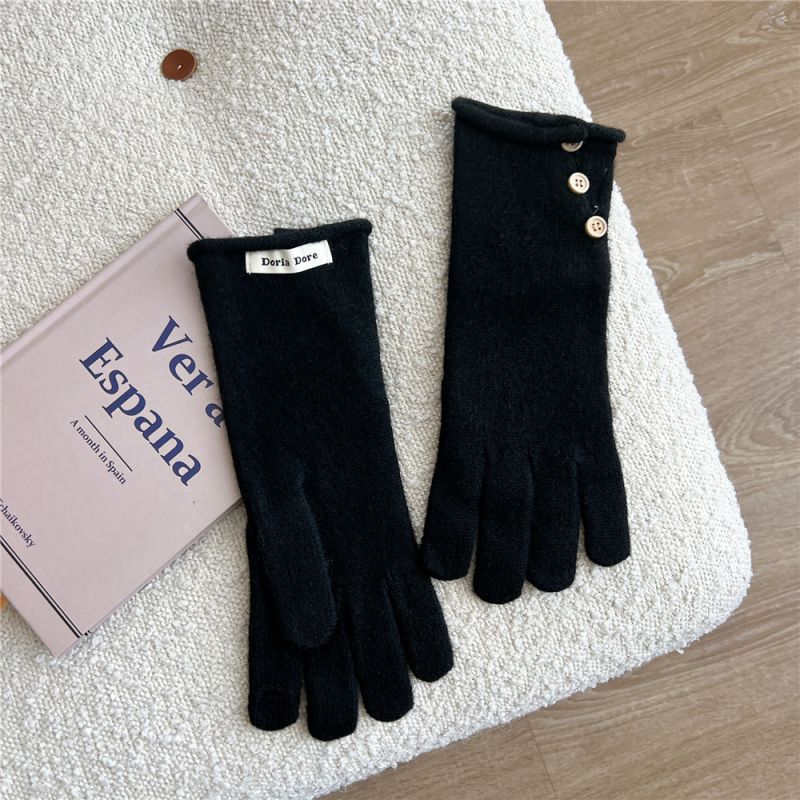 Fashion 5d Three Small Buttons Slit Gloves Black Polyester Knitted Patch Buttoned Five-finger Gloves