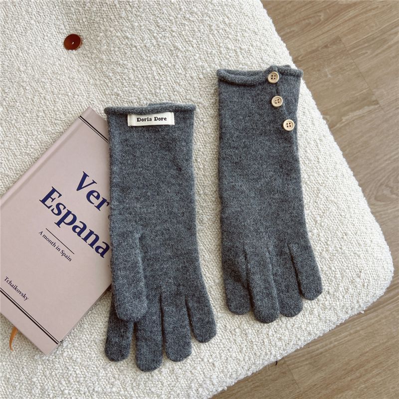 Fashion 11d Three Small Button Slit Gloves Dark Gray Polyester Knitted Patch Buttoned Five-finger Gloves