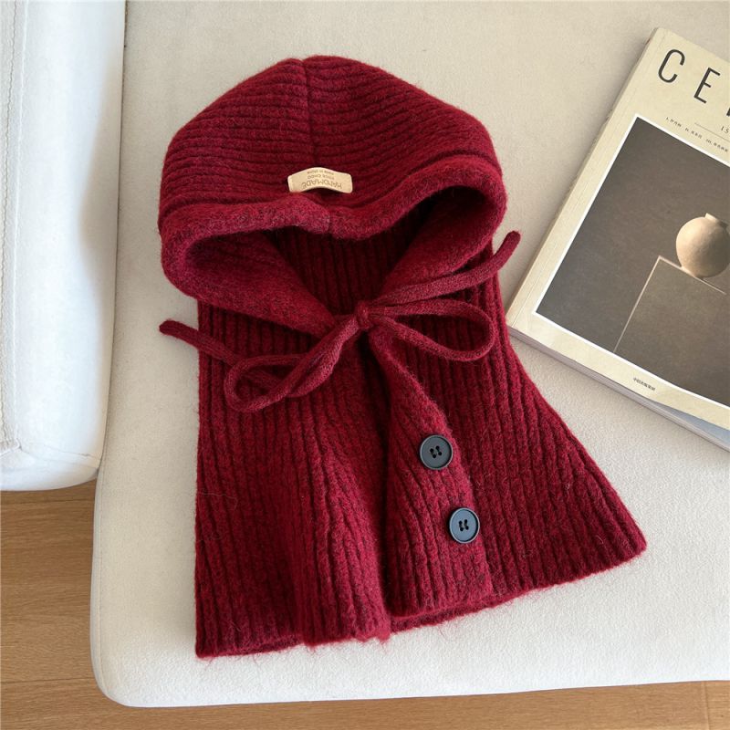 Fashion 15 Cap Wine Red Polyester Knitted Lace-up Button-down Hood