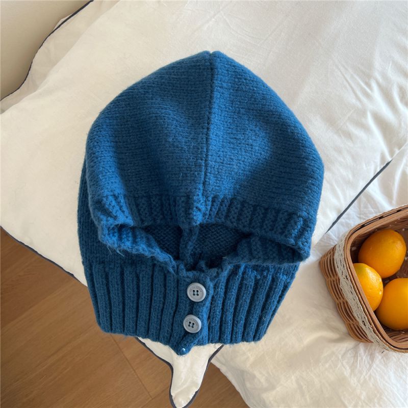 Fashion 8 Small Button Hat Dark Blue Wool Knitted Button Hood And One-piece Scarf