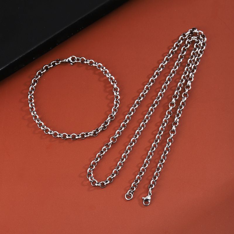 Fashion Silver Stainless Steel Geometric Chain Necklace Bracelet Set