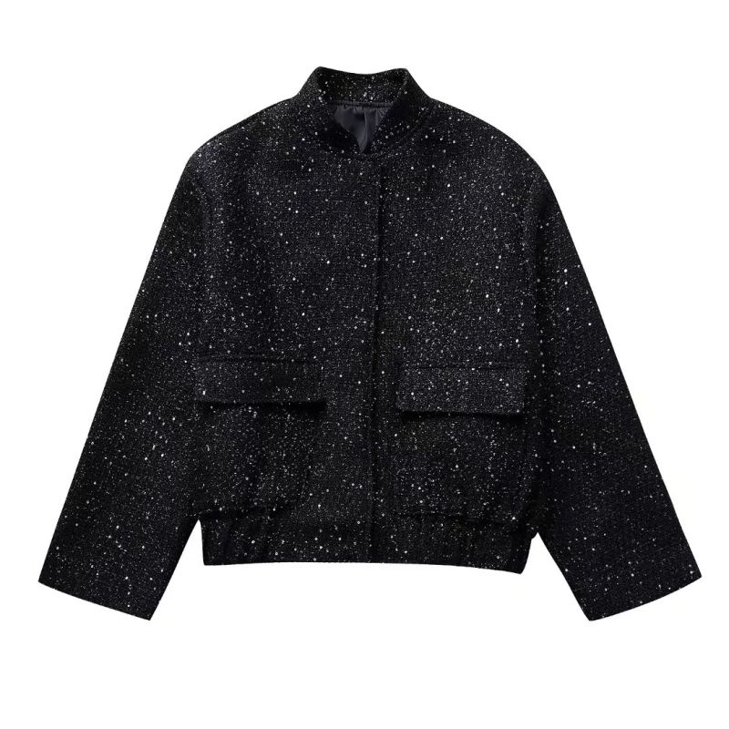 Fashion Black Sequined Stand-collar Double-pocket Jacket