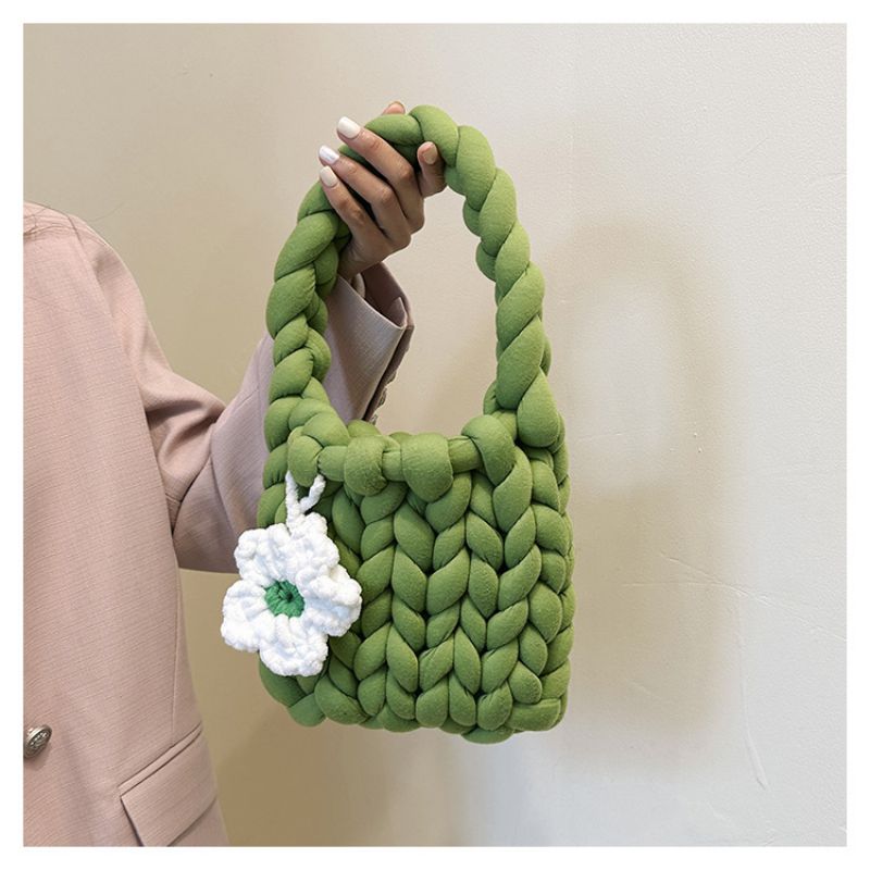 Fashion Green Cotton Woven Shoulder Bag