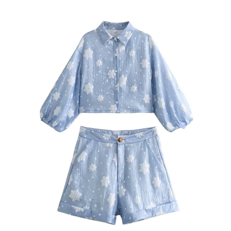 Fashion Suit Polyester Printed Lapel Lantern Sleeve Top And Shorts Set
