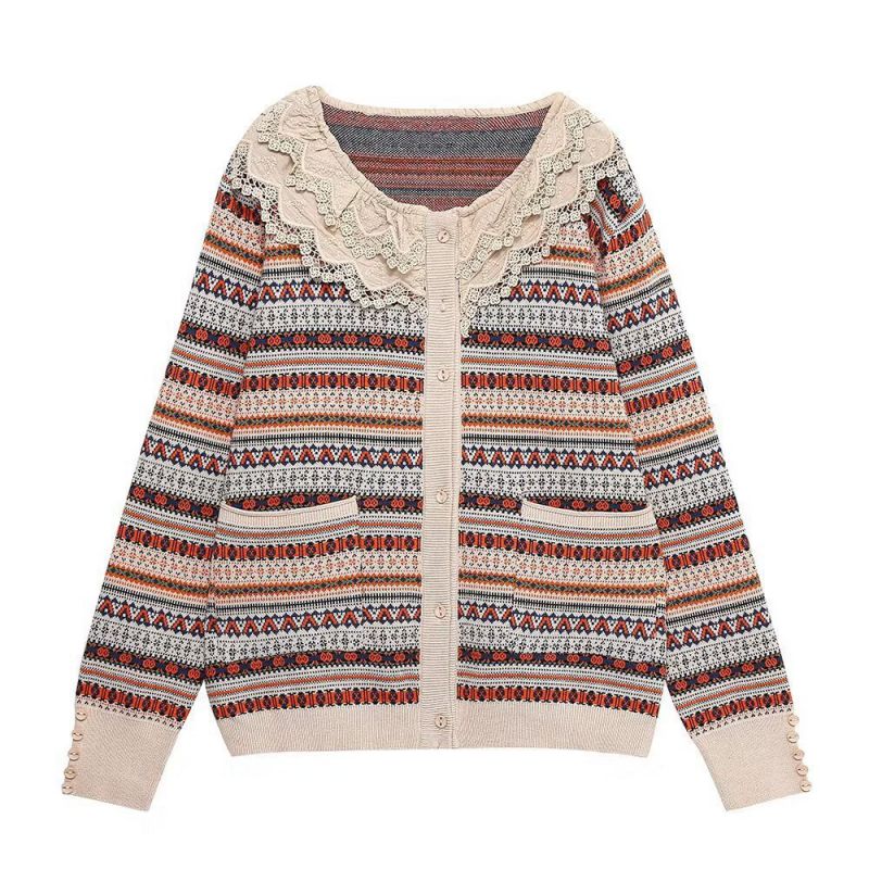 Fashion Khaki Crochet Embroidered Patchwork Knitted Cardigan