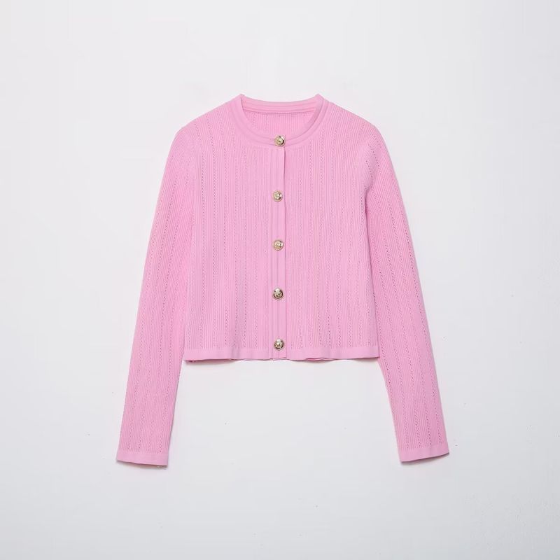Fashion Pink Top Polyester Buttoned Knitted Jacket