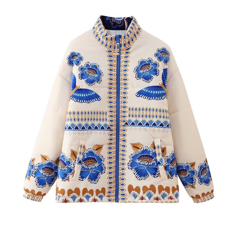 Fashion Color Polyester Printed Stand Collar Jacket