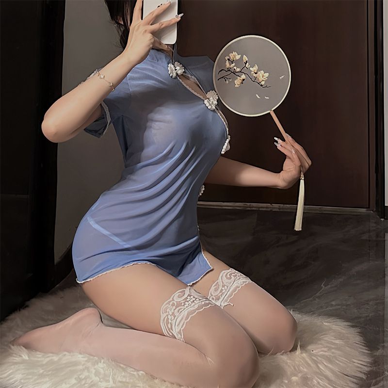 Fashion Blue + Same Style Stockings Polyester See-through Hollow Uniform Suit + Matching Stockings