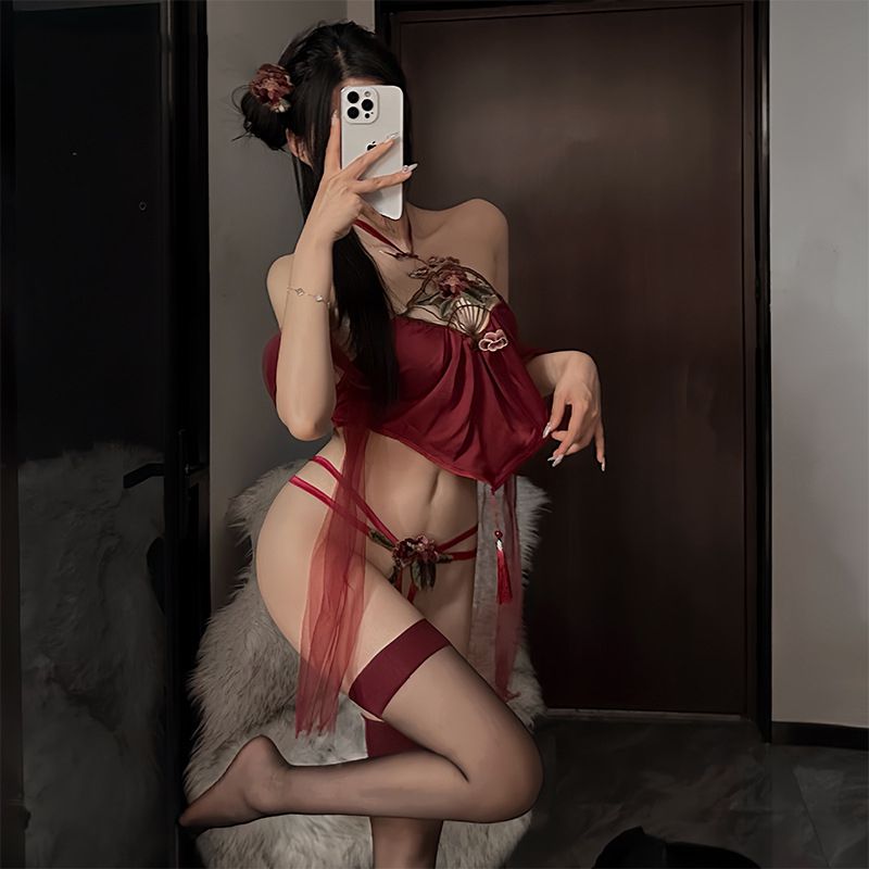 Fashion Red + Same Style Stockings Halter Neck See-through Strap Uniform Suit + Matching Stockings