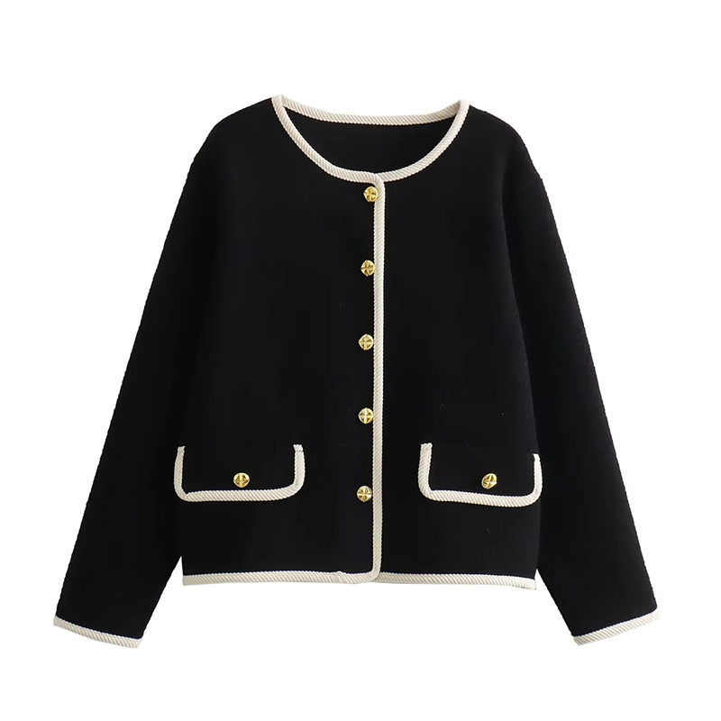 Fashion Black Round Neck Contrasting Edge Knitted Jacket