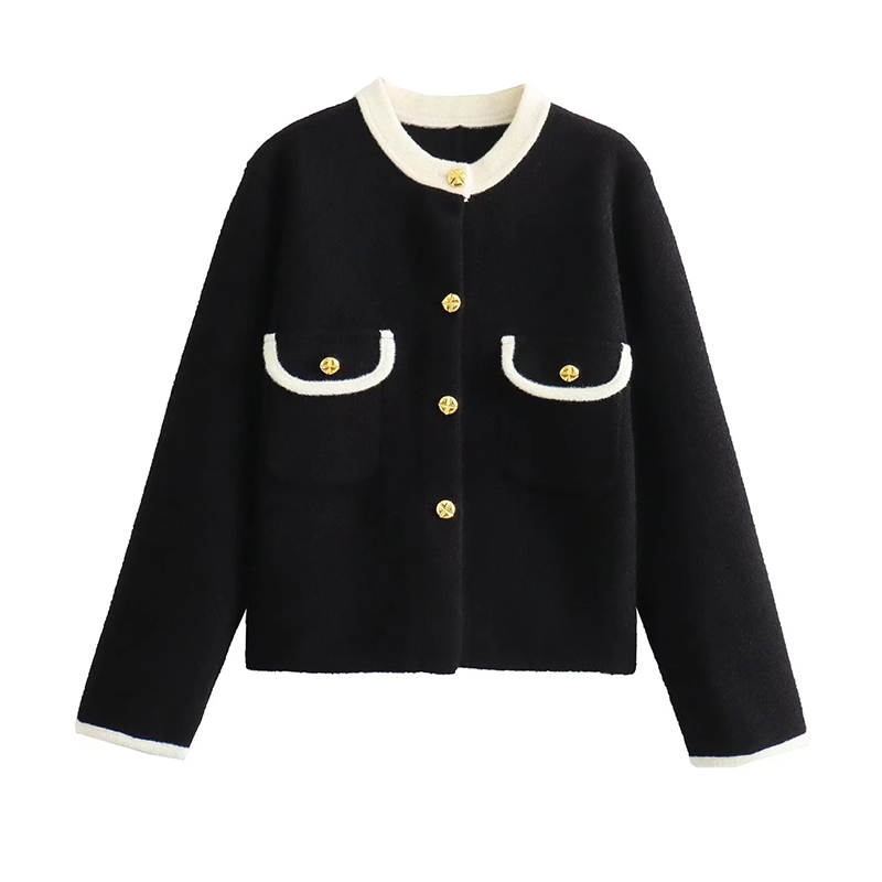 Fashion Black Contrast Knitted Buttoned Jacket