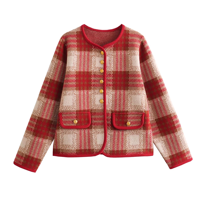 Fashion Red Plaid Knitted Buttoned Jacket