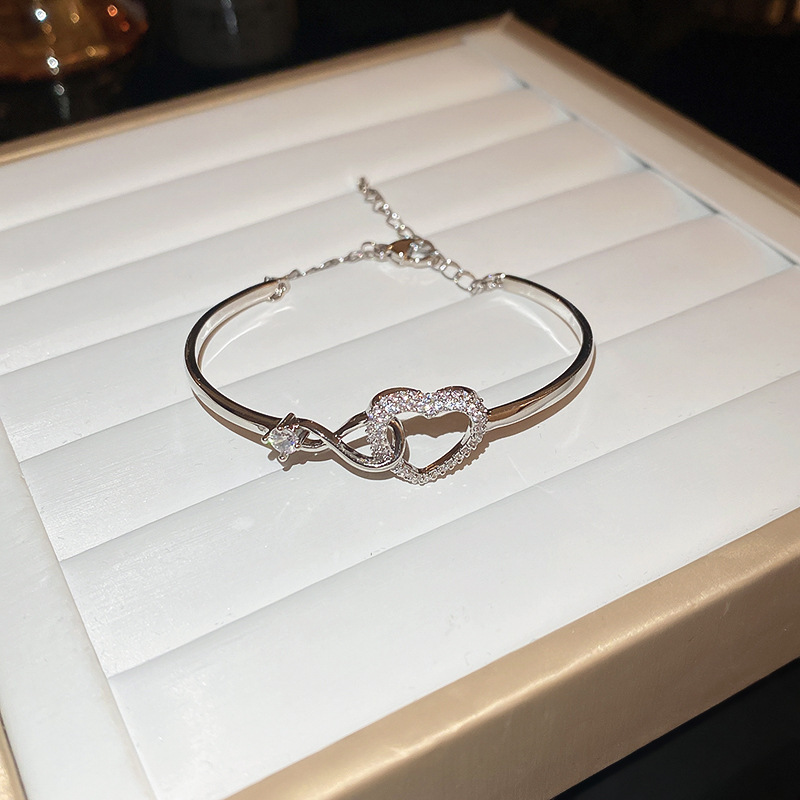 Fashion Bracelet - Silver Copper Inlaid Diamond Hollow Love Open Bracelet