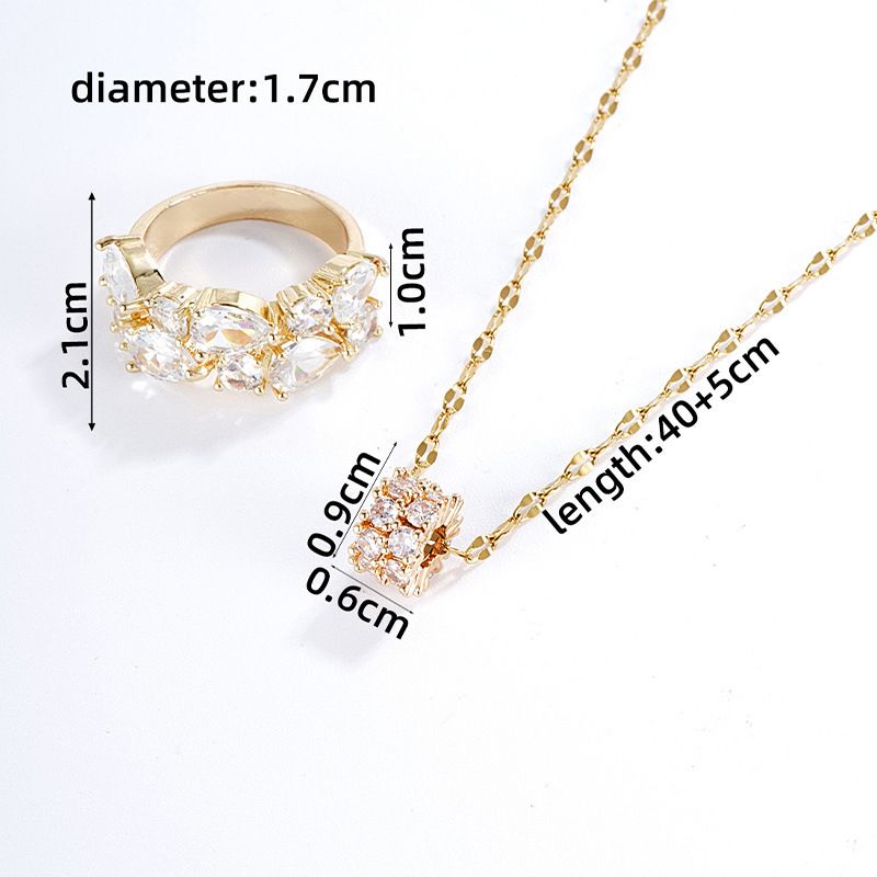 Fashion Golden White Diamond Copper Inlaid Zirconium Geometric Ring Necklace Set