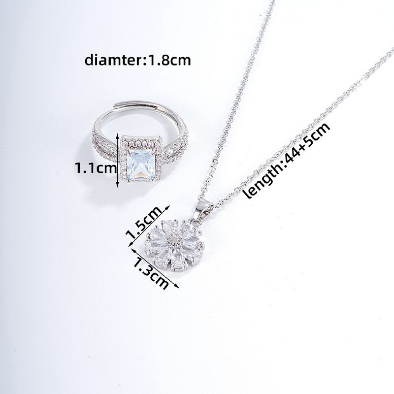 Fashion Silver Copper Set With Zirconium Square Flower Necklace And Ring Set