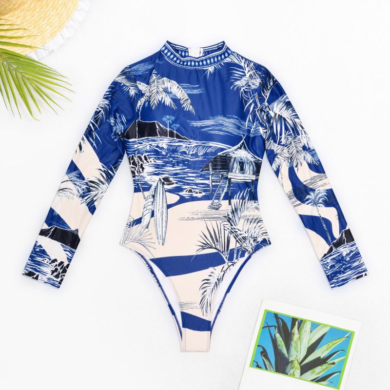 Fashion Blue And White Polyester Printed Long-sleeve One-piece Swimsuit