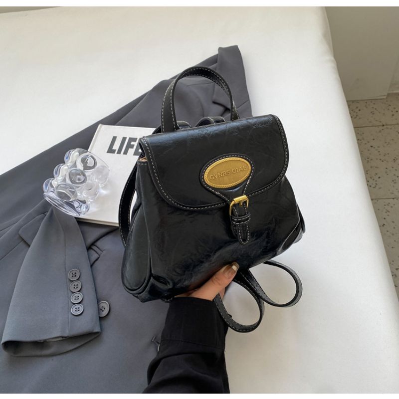 Fashion Black Pu Flip Large Capacity Backpack