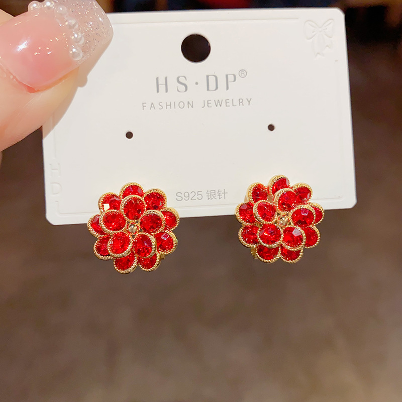 Fashion Red Sunflower Earrings (thick Real Gold Plating) Copper Diamond Sunflower Earrings