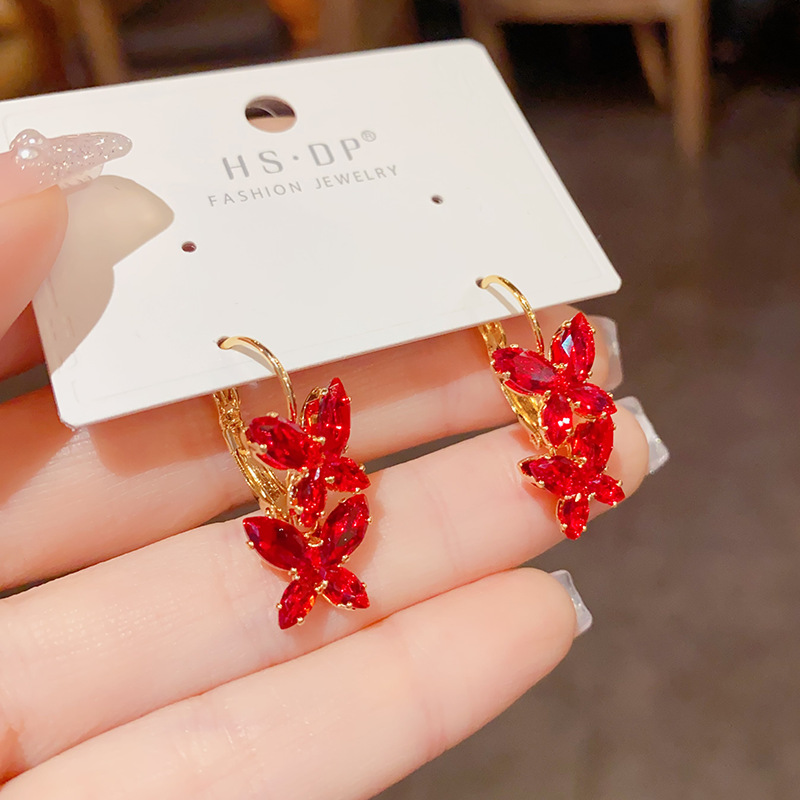 Fashion Red Zircon Butterfly Earrings (thick Real Gold Plating) Copper Inlaid Zirconium Butterfly Earrings