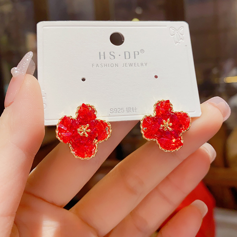 Fashion Red Crystal Flower Stud Earrings (thick Real Gold Plating) Copper Diamond Crystal Flower Stud Earrings