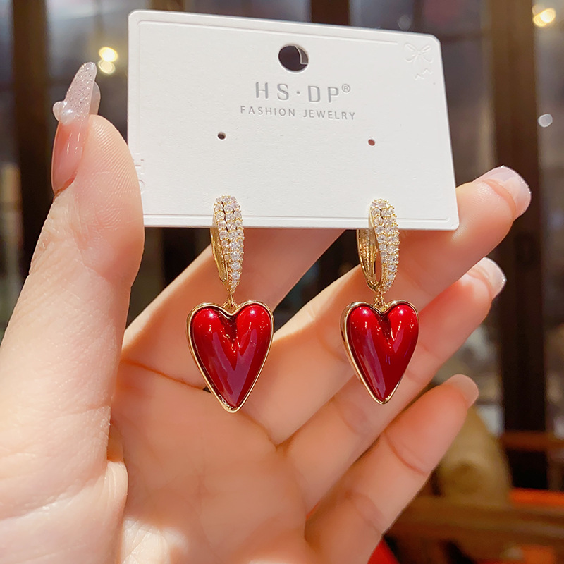 Fashion Red Love Earrings (thick Real Gold Plating) Copper Inlaid Diamond Oil Drop Love Earrings Earrings
