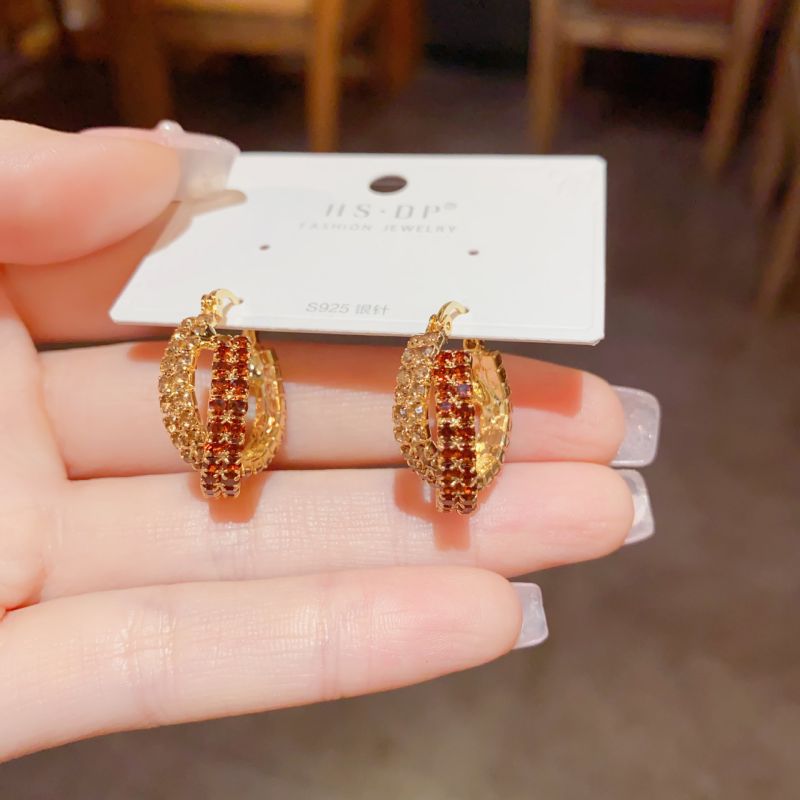 Fashion Brown Ring Zircon Earrings (thick Real Gold Plating) Copper Inlaid Zirconium Geometric Earrings