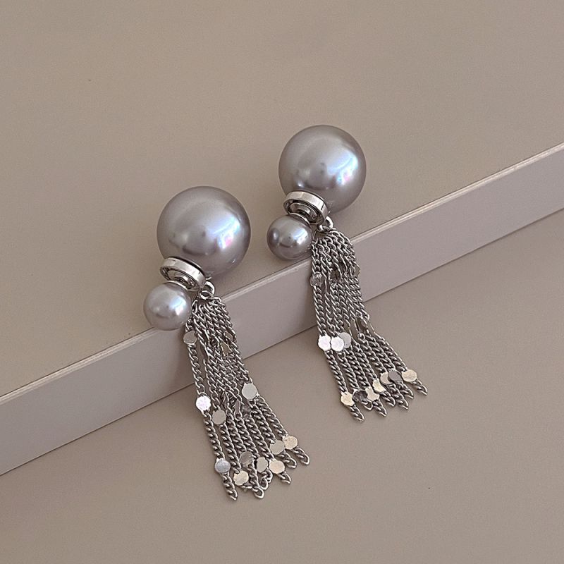 Fashion Silver Metal Pearl Chain Tassel Earrings