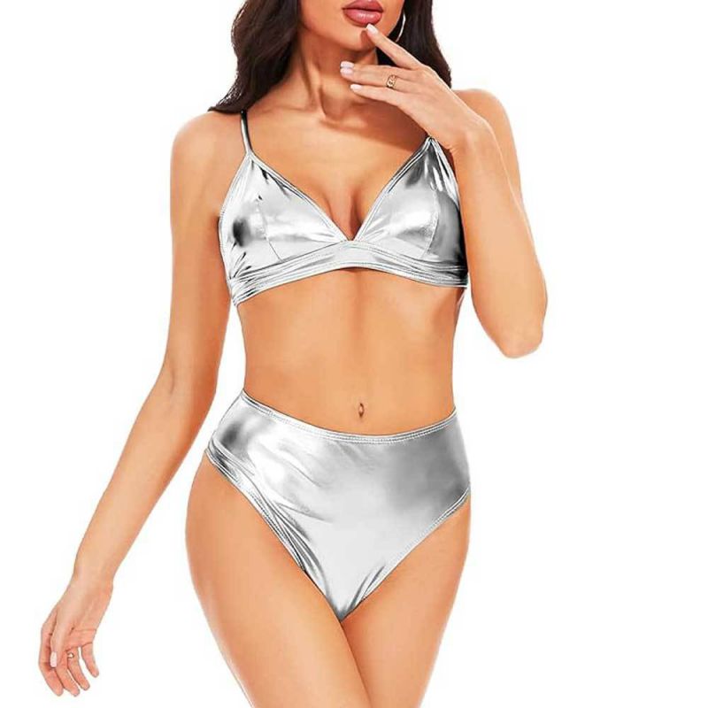 Fashion Silver Polyester Glossy Tankini Swimsuit