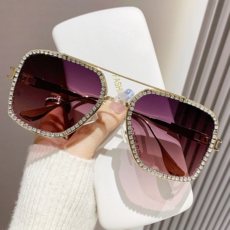 Fashion Gold Frame Gray Powder Tablet Ac Diamond-encrusted Double Bridge Sunglasses