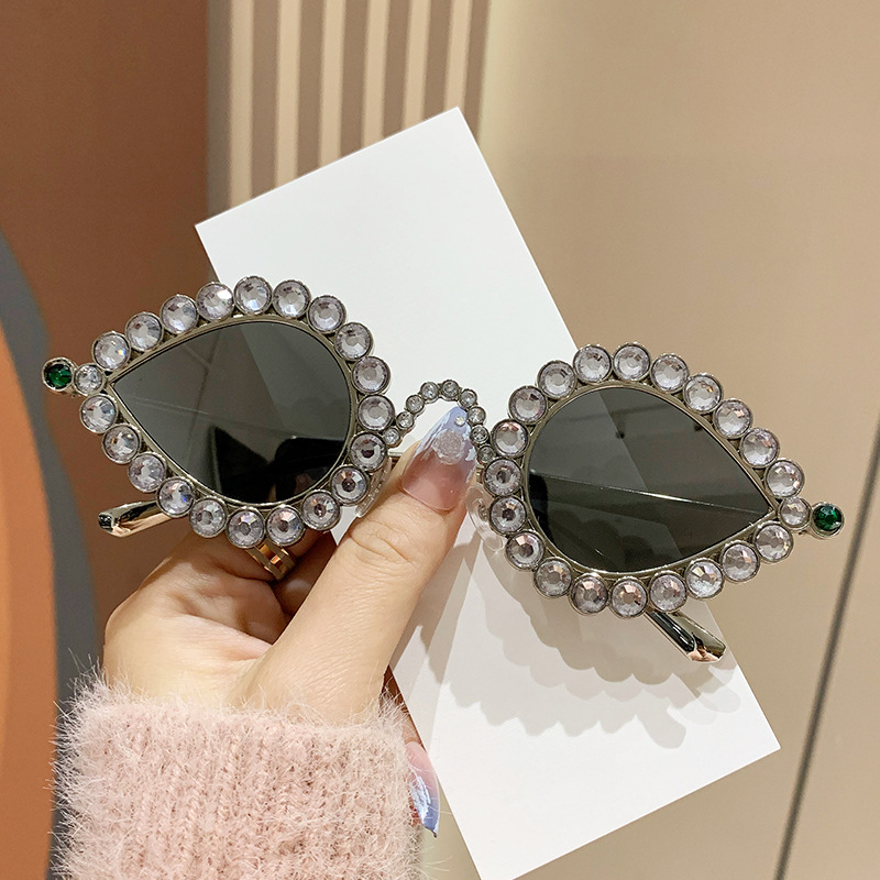 Fashion Silver Frame Mercury Film Ac Diamond Drop-shaped Sunglasses