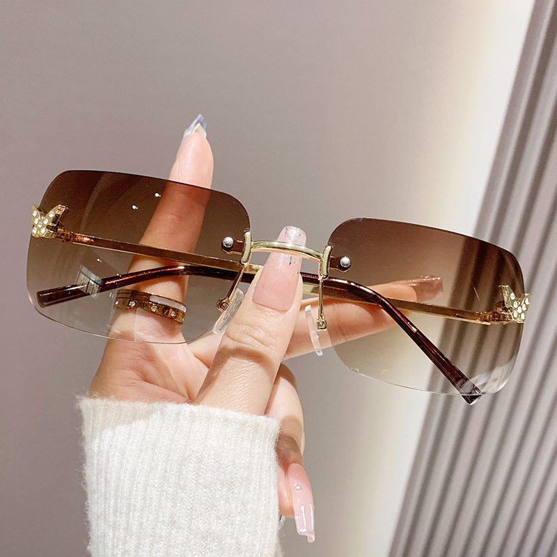 Fashion Golden Frame Tea Slices Rimless Square Diamond Butterfly Sunglasses