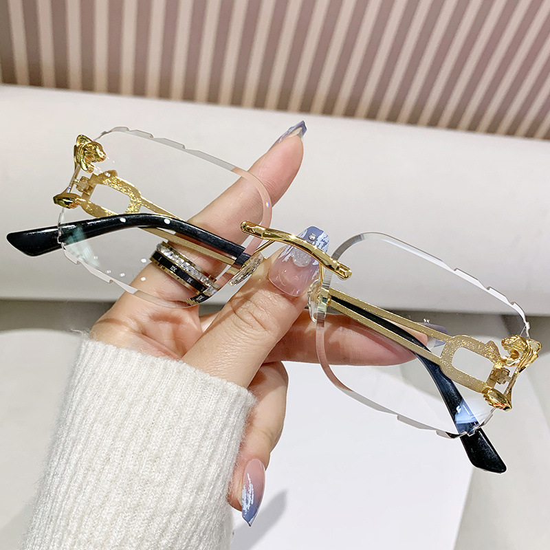 Fashion Gold Frame Transparent Film Leopard Rimless Square Cut Sunglasses