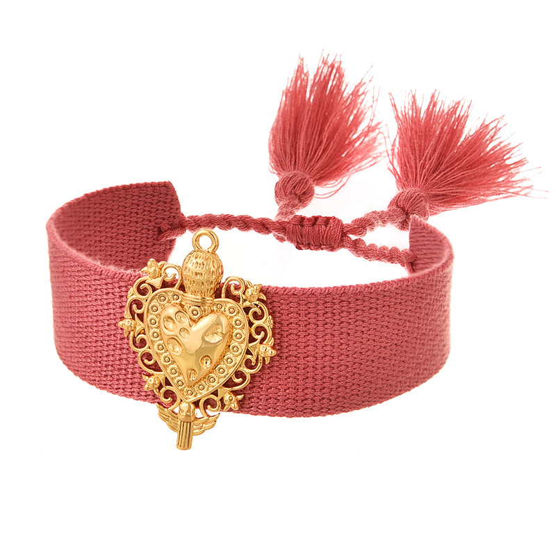 Fashion Leather Pink Copper Irregular Love Braided Tassel Bracelet