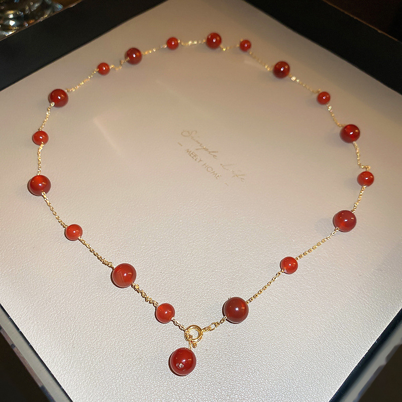 Fashion Necklace - Red (real Gold Plating) Agate Beaded Necklace