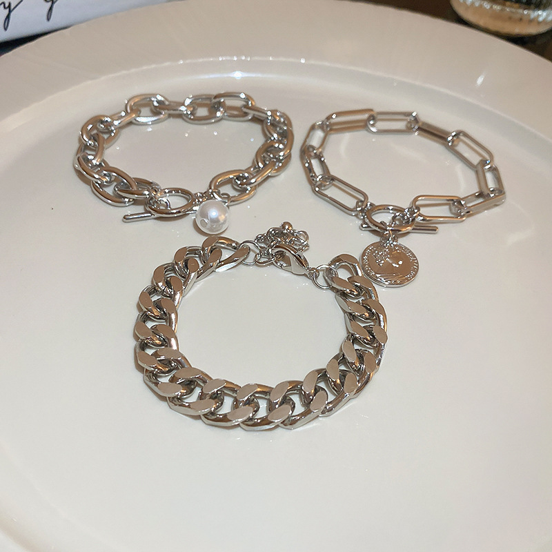 Fashion Bracelet-silver (three-piece Set) Metal Geometric Pearl Medallion Chain Bracelet Set